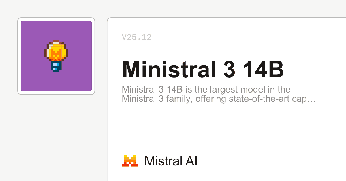Purple pixel art lightbulb icon next to text for the Ministral 3 14B AI model.