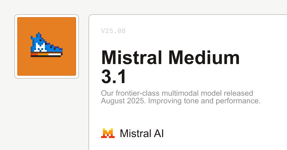 Mistral Medium 3.1 model card featuring a pixel art blue and white shoe logo.