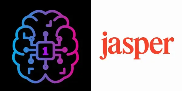 AI brain icon with circuit board and number 1, alongside the Jasper AI logo.