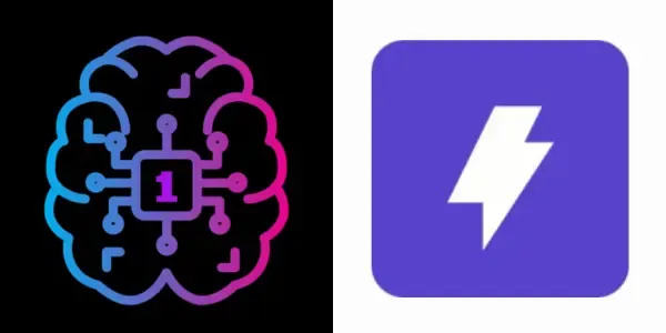 Two icons: a brain with a microchip and a lightning bolt on a purple square.