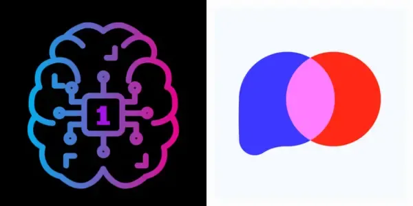 Stylized brain icon with CPU chip and number one, next to overlapping chat bubbles.
