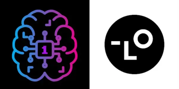 Gradient brain with circuit and '1' next to a black circular '-L O' logo.