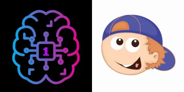 Gradient brain icon with circuit chip next to a happy cartoon boy's face.
