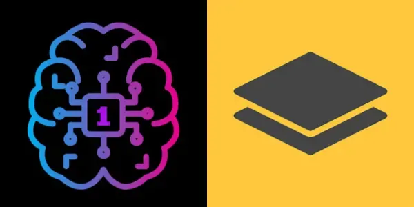 Icon depicting an AI brain with circuits next to stacked data layers.
