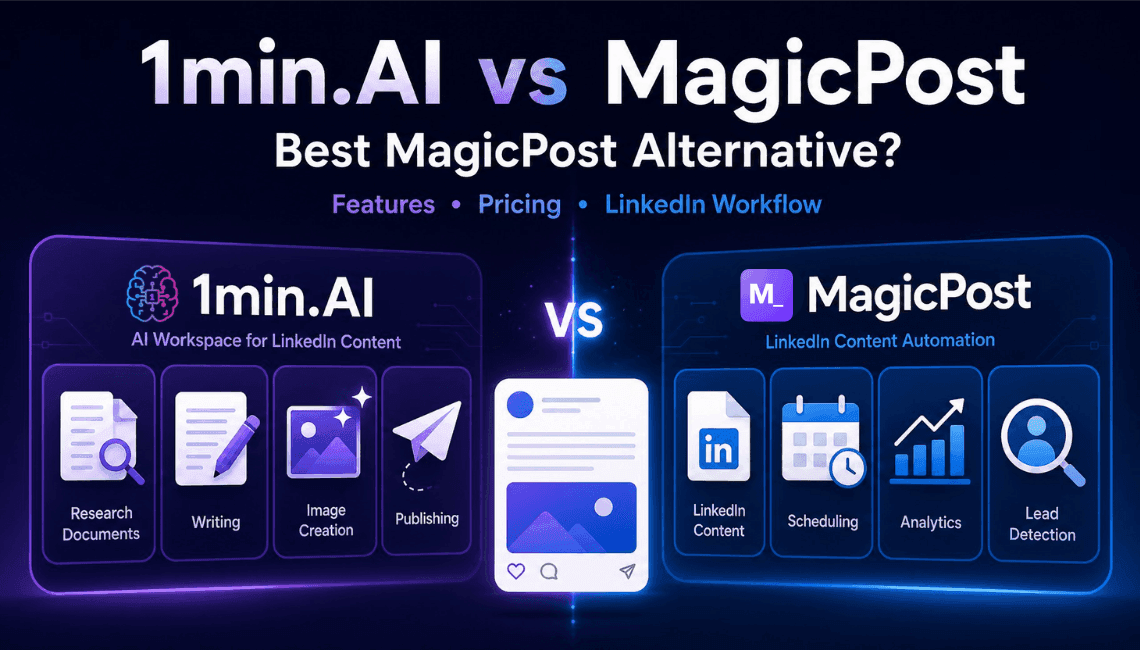 Comparison graphic of 1min.AI versus MagicPost, outlining features for LinkedIn content creation.
