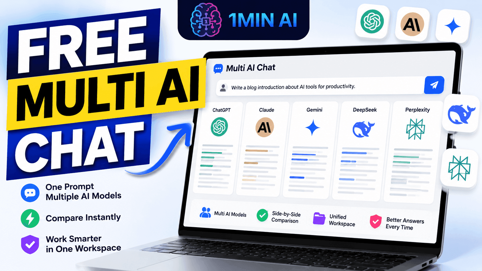 Laptop displays "1MIN AI" multi-AI chat interface, promoting free conversations with multiple AI models.