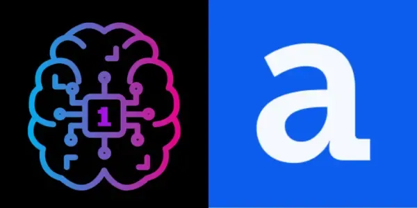 An AI brain icon with a circuit board next to the AWS logo on a blue background.