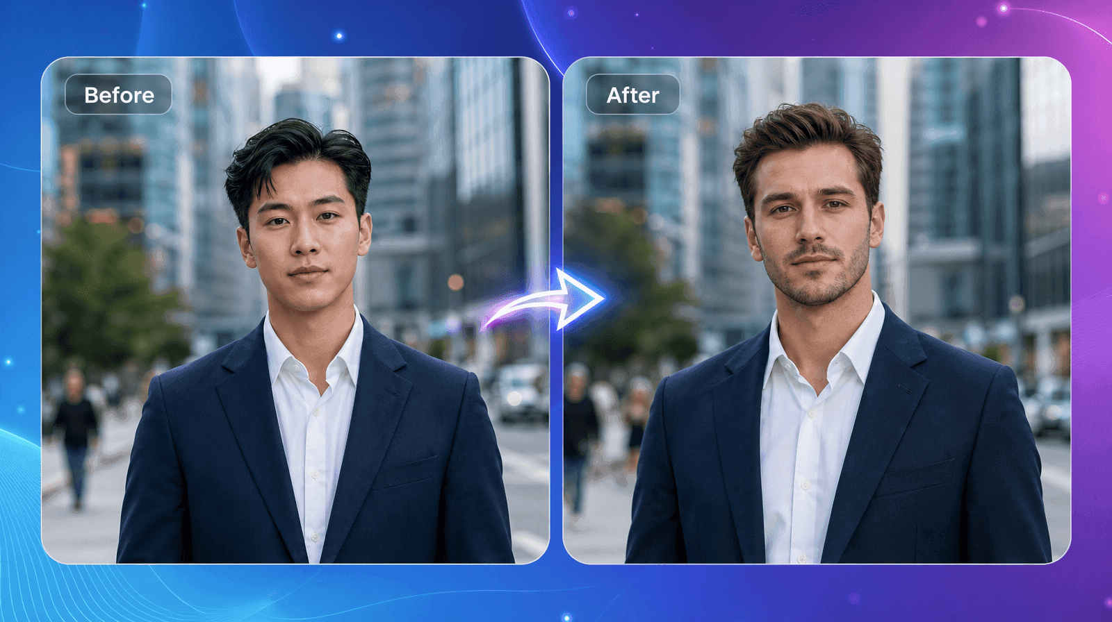Before and After comparison showing a man's significant facial and hair transformation.