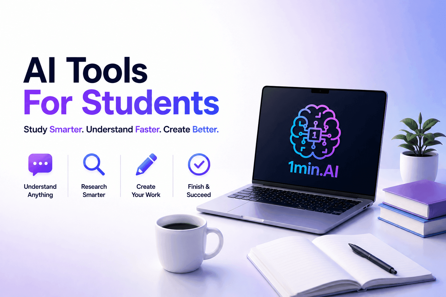 Laptop with '1min.AI' and 'AI Tools For Students' text, surrounded by study icons.