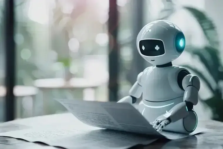 A small white robot with blue lights sits on a table, reading a paper document.