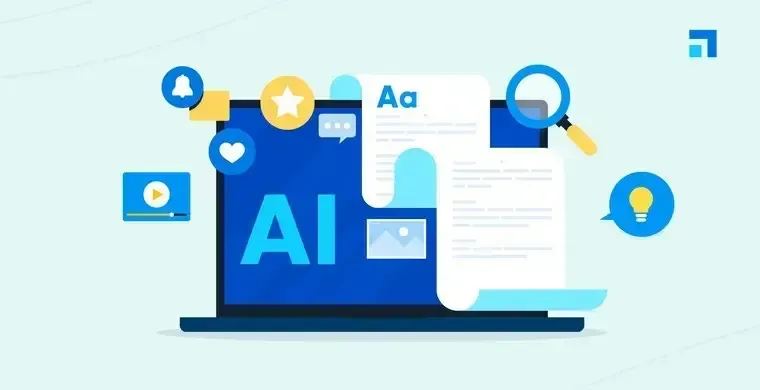 Laptop screen displays 'AI' with icons for content creation, writing, video, and search.