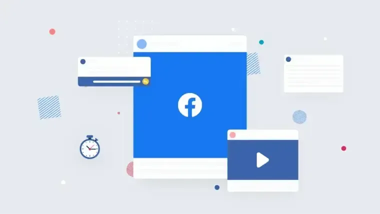 Facebook logo surrounded by social media posts, video content, and a timer icon.