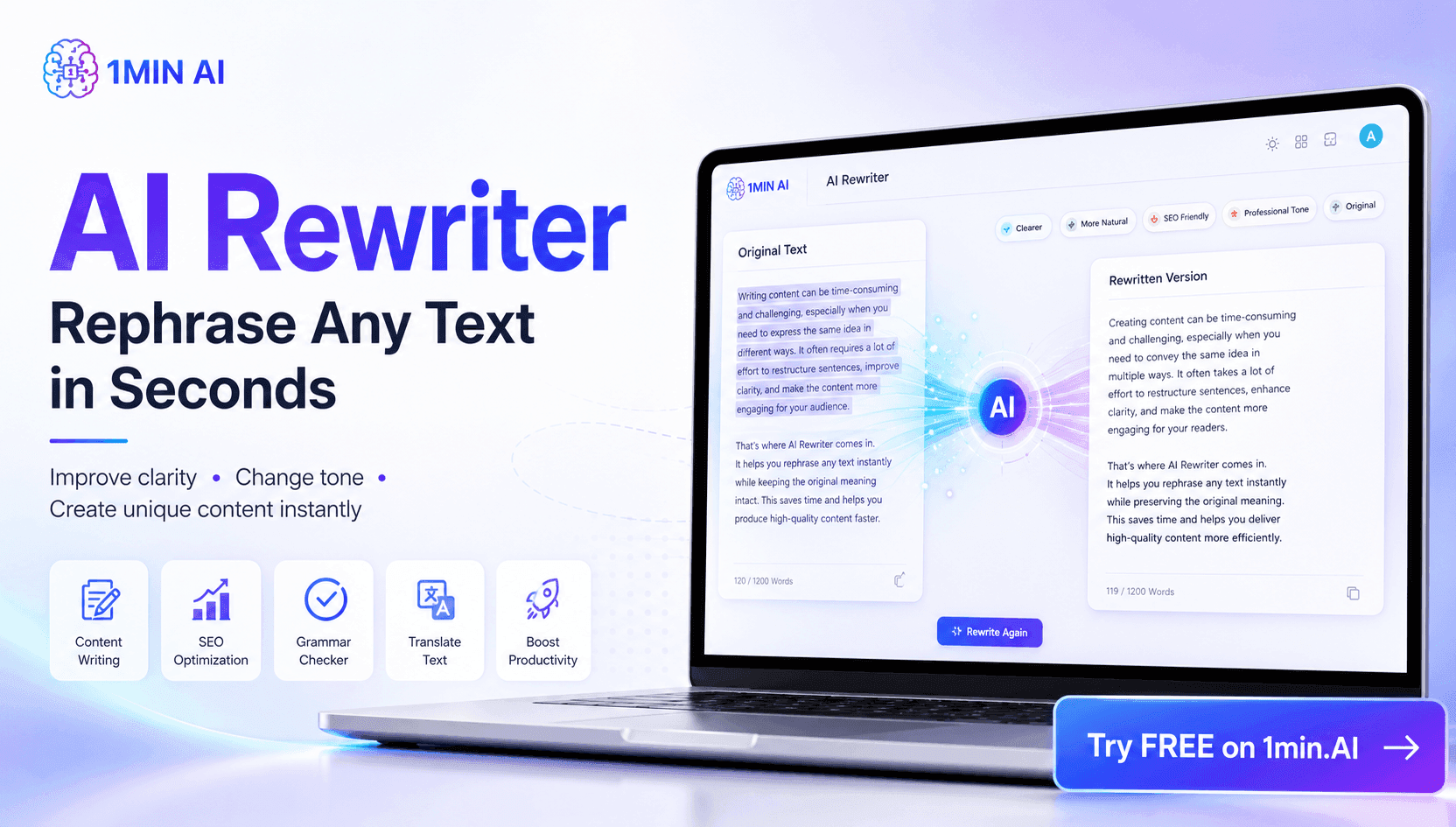 Laptop displaying 1min AI Rewriter software with original text, rewritten text, and feature highlights.