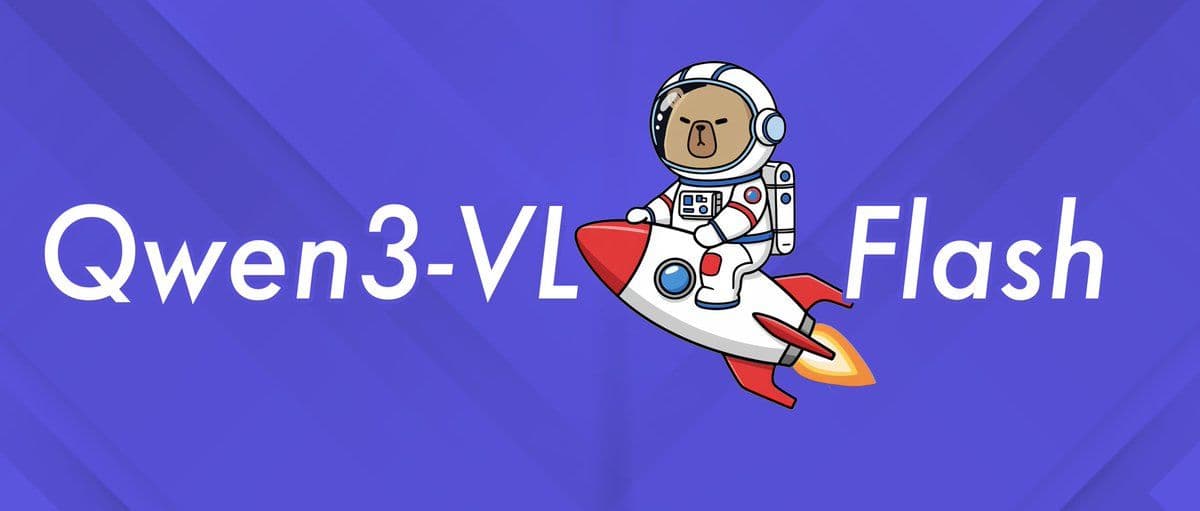 Text 'Qwen3-VL Flash' with a cartoon astronaut riding a rocket in the center.