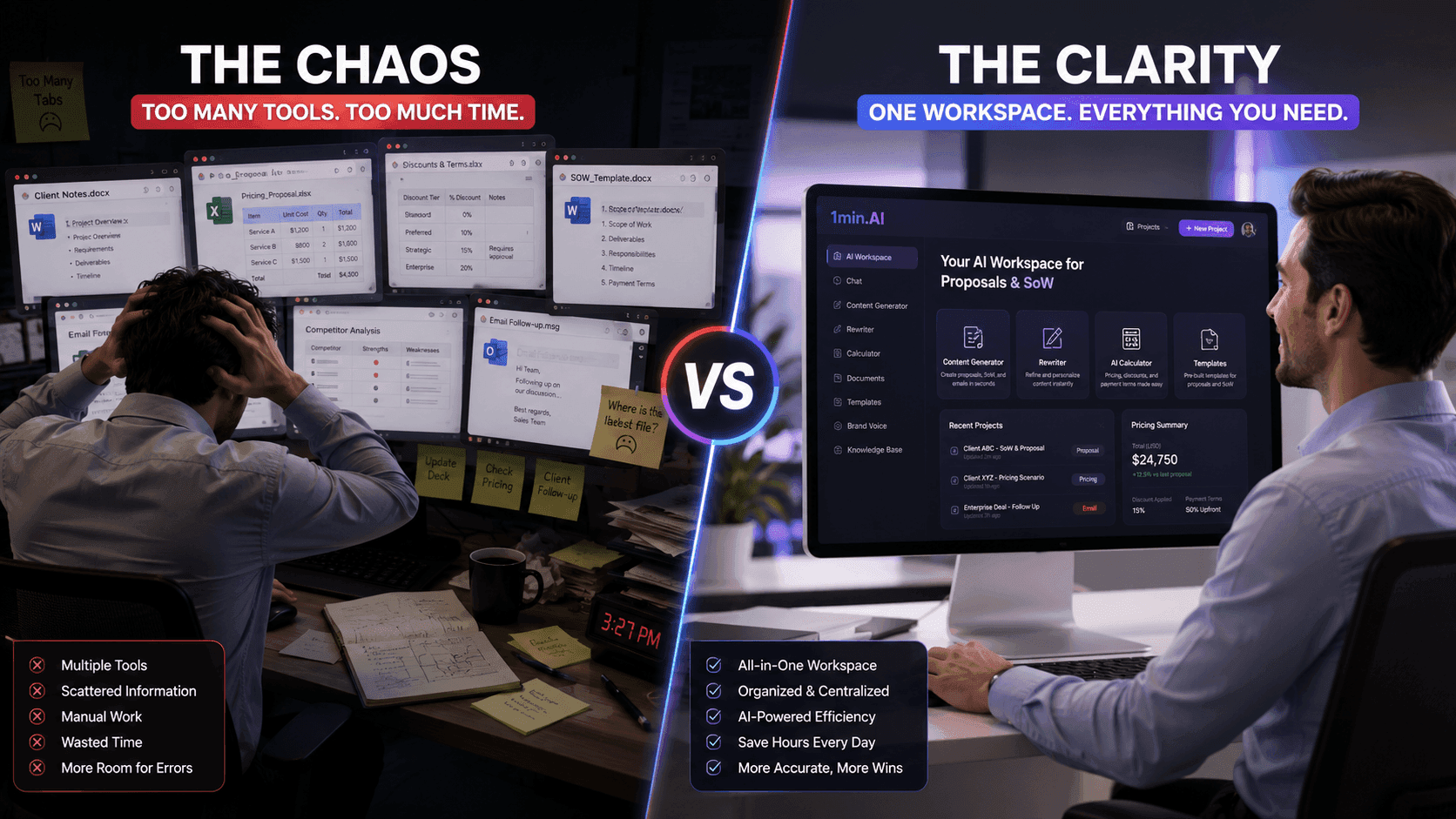 A chaotic workspace with multiple tools contrasts with a clear, organized single AI workspace.