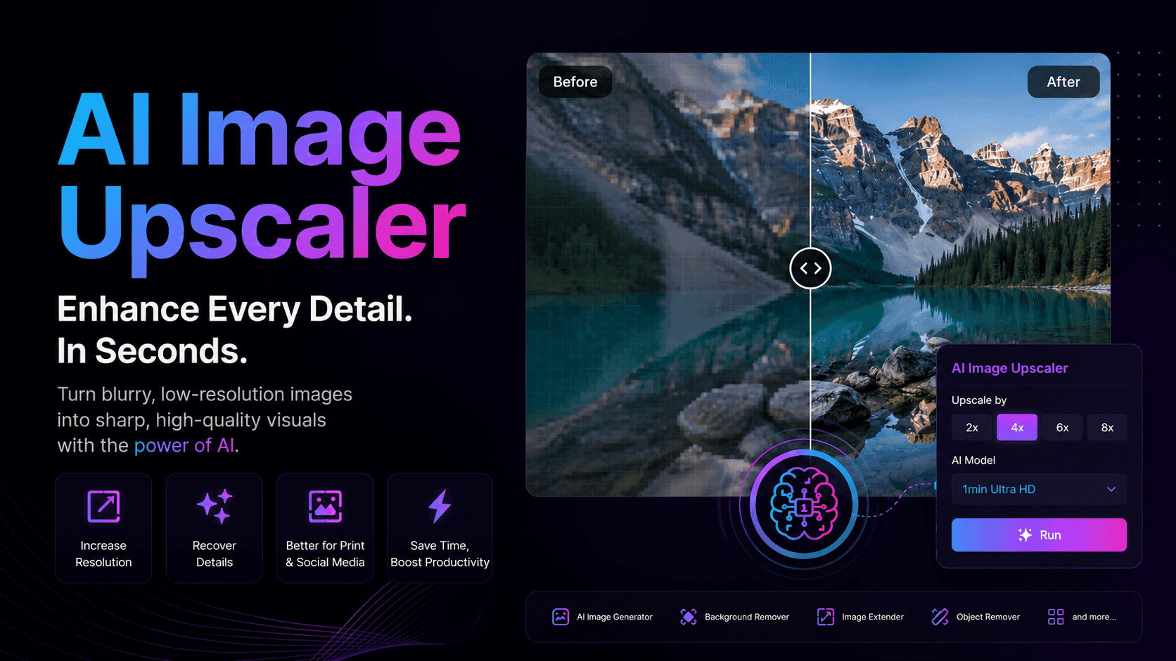 AI Image Upscaler showing a before and after comparison of a blurry and sharp mountain lake.