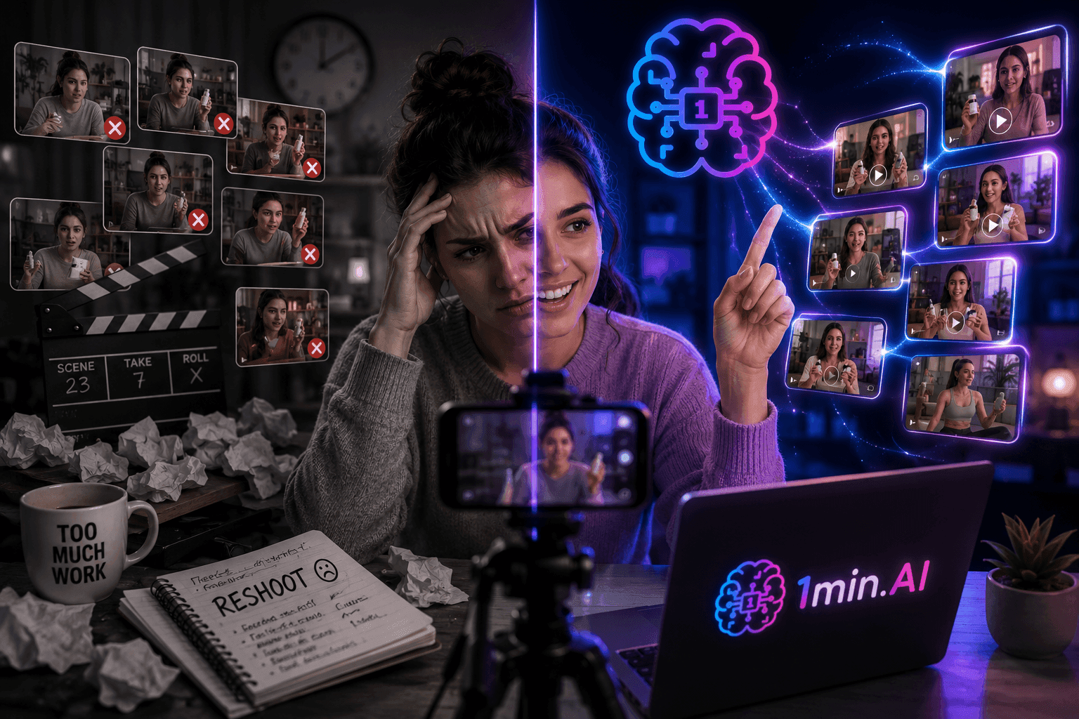 Woman stressed by video reshoots, then empowered by AI for efficient content creation.