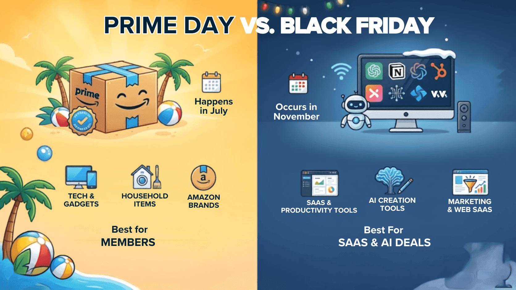 Graphic compares Prime Day (summer, Amazon products) and Black Friday (winter, tech deals).