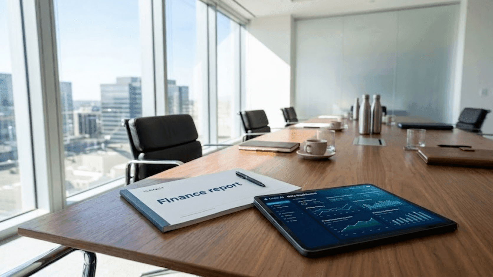 Modern conference room with finance report, tablet displaying data, and city view.