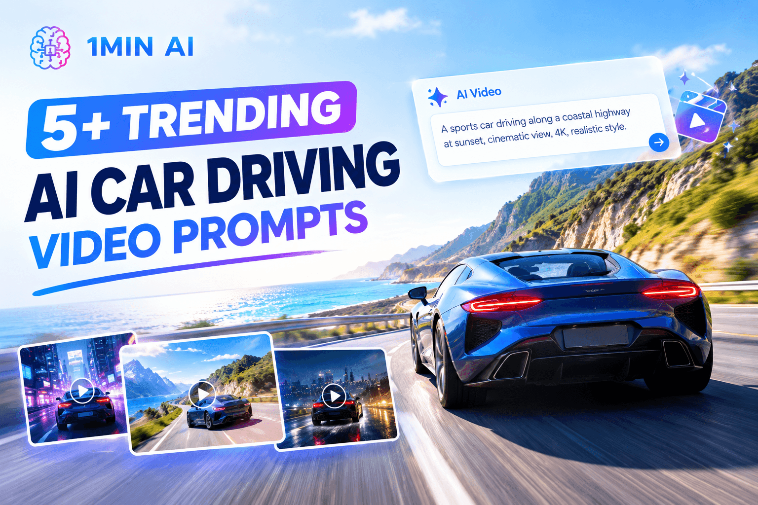 Blue sports car on coastal road with '5+ TRENDING AI CAR DRIVING VIDEO PROMPTS' text.