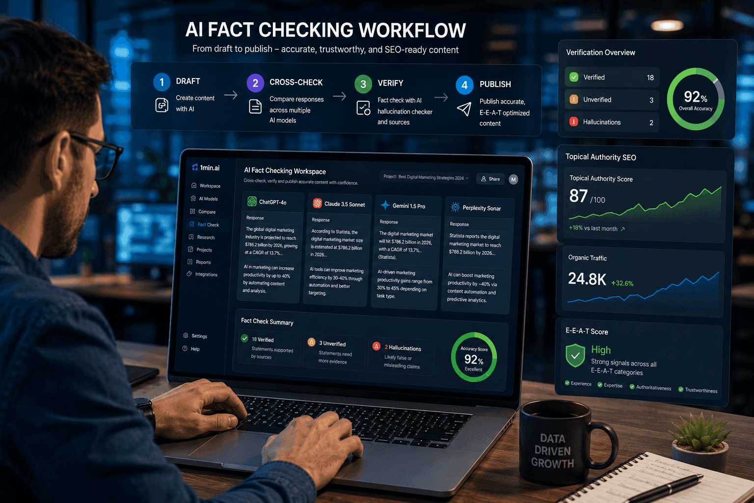 SEO specialist using an AI fact checking workflow to verify AI-generated content across multiple AI models before publishing.