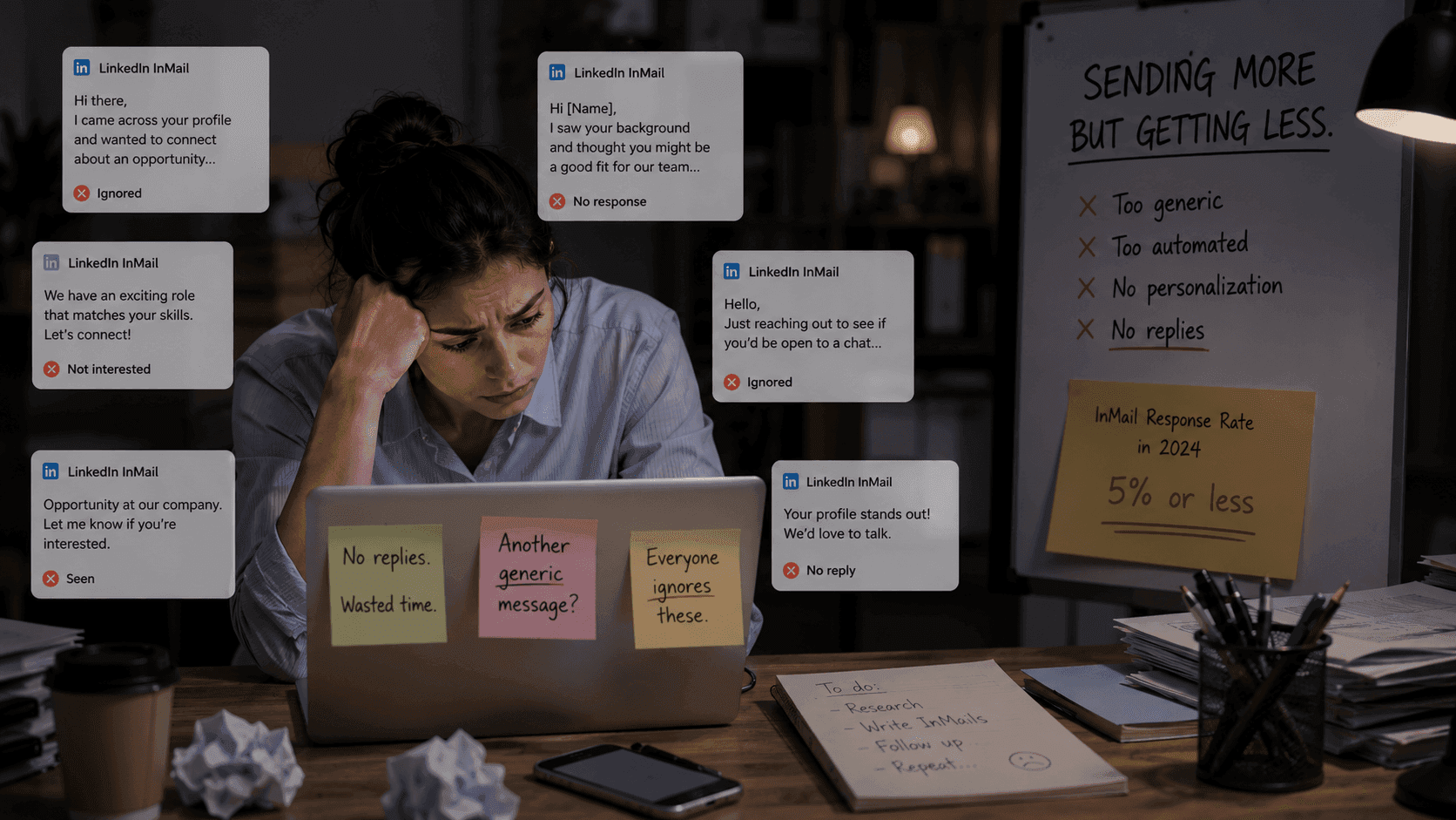 Stressed woman overwhelmed by generic LinkedIn messages on her laptop, highlighting ineffective outreach.