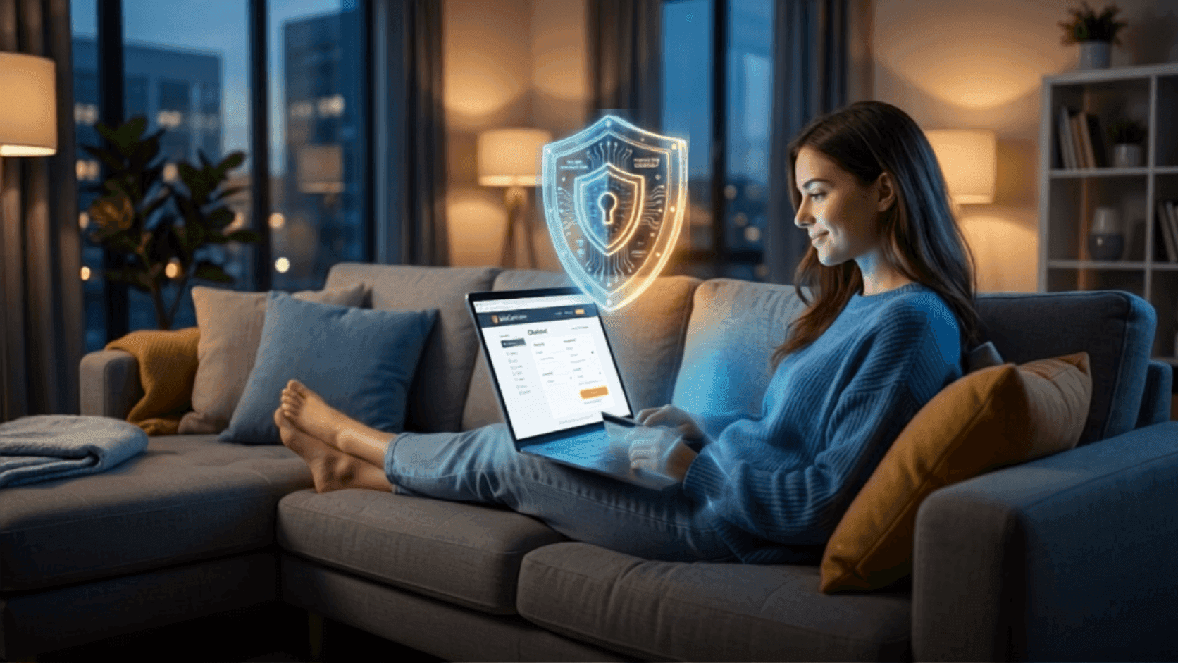 Woman on sofa using laptop with a digital security shield overlay.