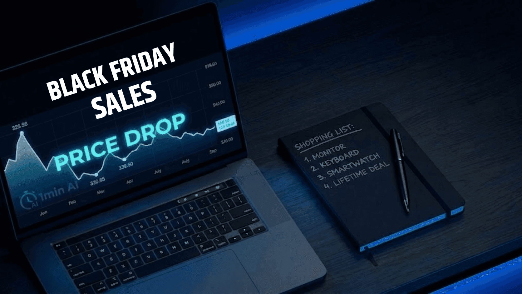 Laptop displays 'Black Friday Sales' and 'Price Drop' with a shopping list notebook beside it.