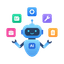 Friendly blue AI robot surrounded by various colorful functional icons representing diverse tasks.