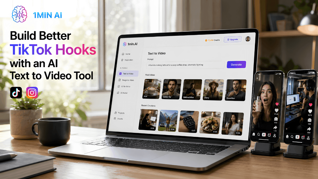 AI text-to-video tool on laptop builds TikTok hooks, phones display social media videos.