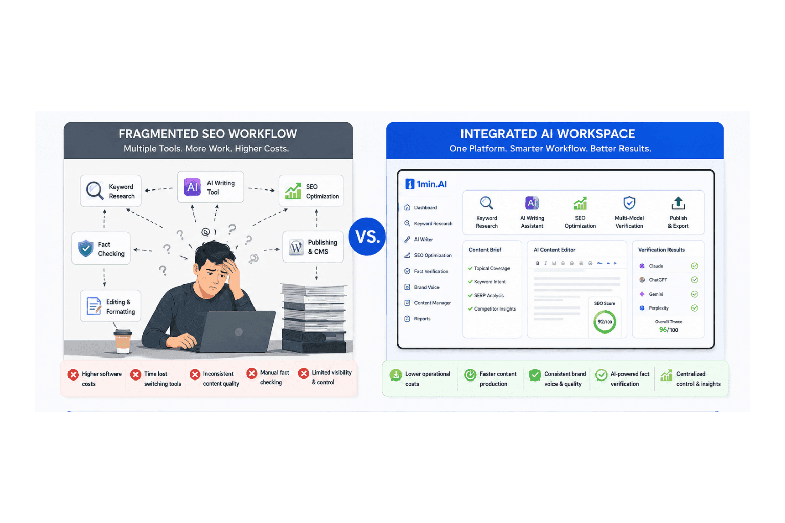 Infographic comparing a fragmented SEO workflow with an integrated AI workspace for better results.