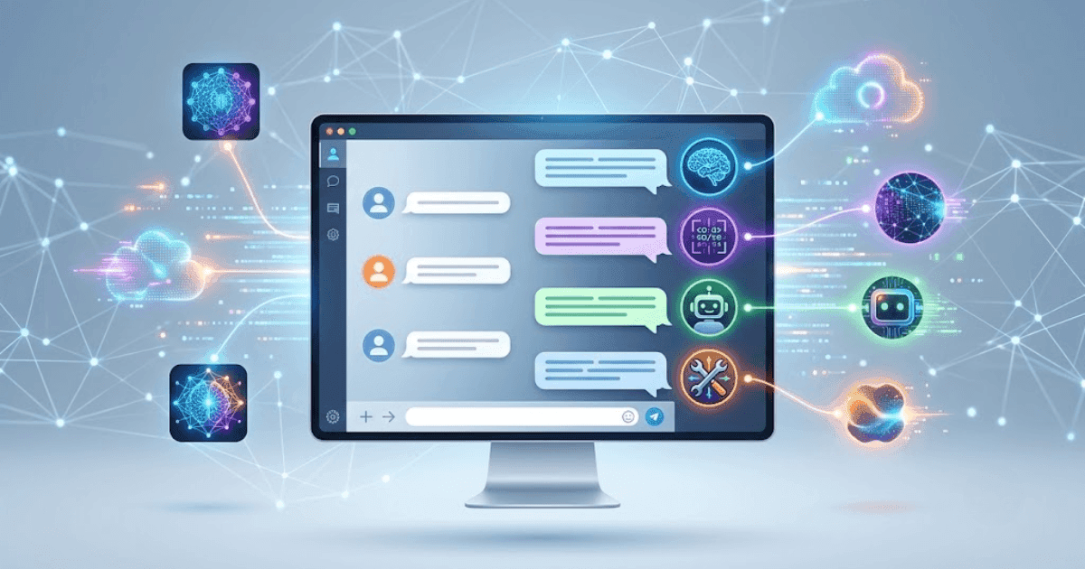 Computer monitor displaying chat interface, connected to glowing AI and cloud technology icons.