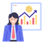 Businesswoman presenting a financial growth chart with an upward trend and dollar coin.