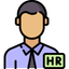 Man in collared shirt icon with a green HR badge, representing human resources.