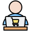 Stylized person shopping online with a laptop displaying a shopping cart icon.