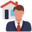 Stylized icon of a man in a suit with a house, symbolizing a real estate professional.