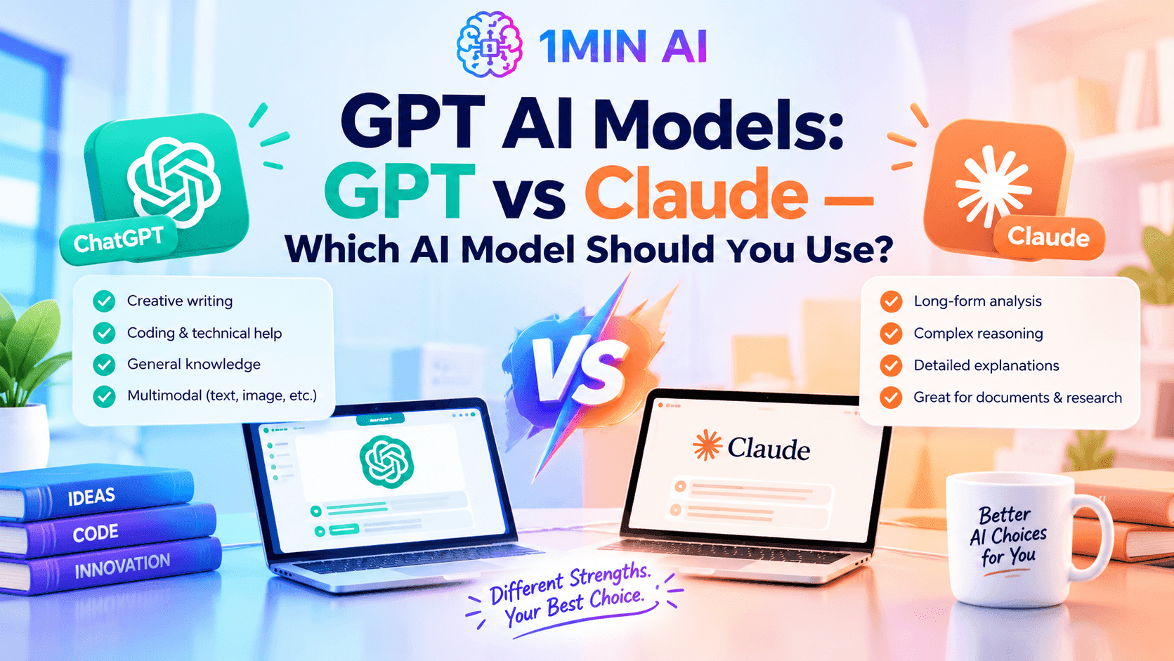 Infographic compares GPT AI models: ChatGPT and Claude, detailing their features and uses.