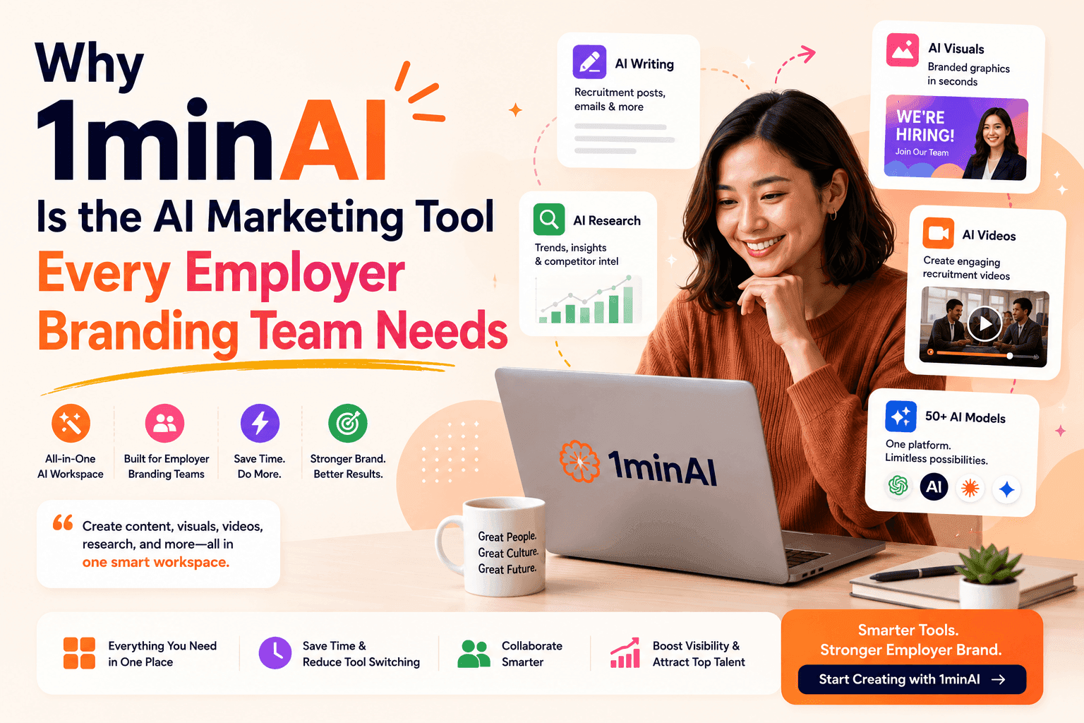 Smiling woman on laptop promoting 1minAI, an AI marketing tool for employer branding teams.