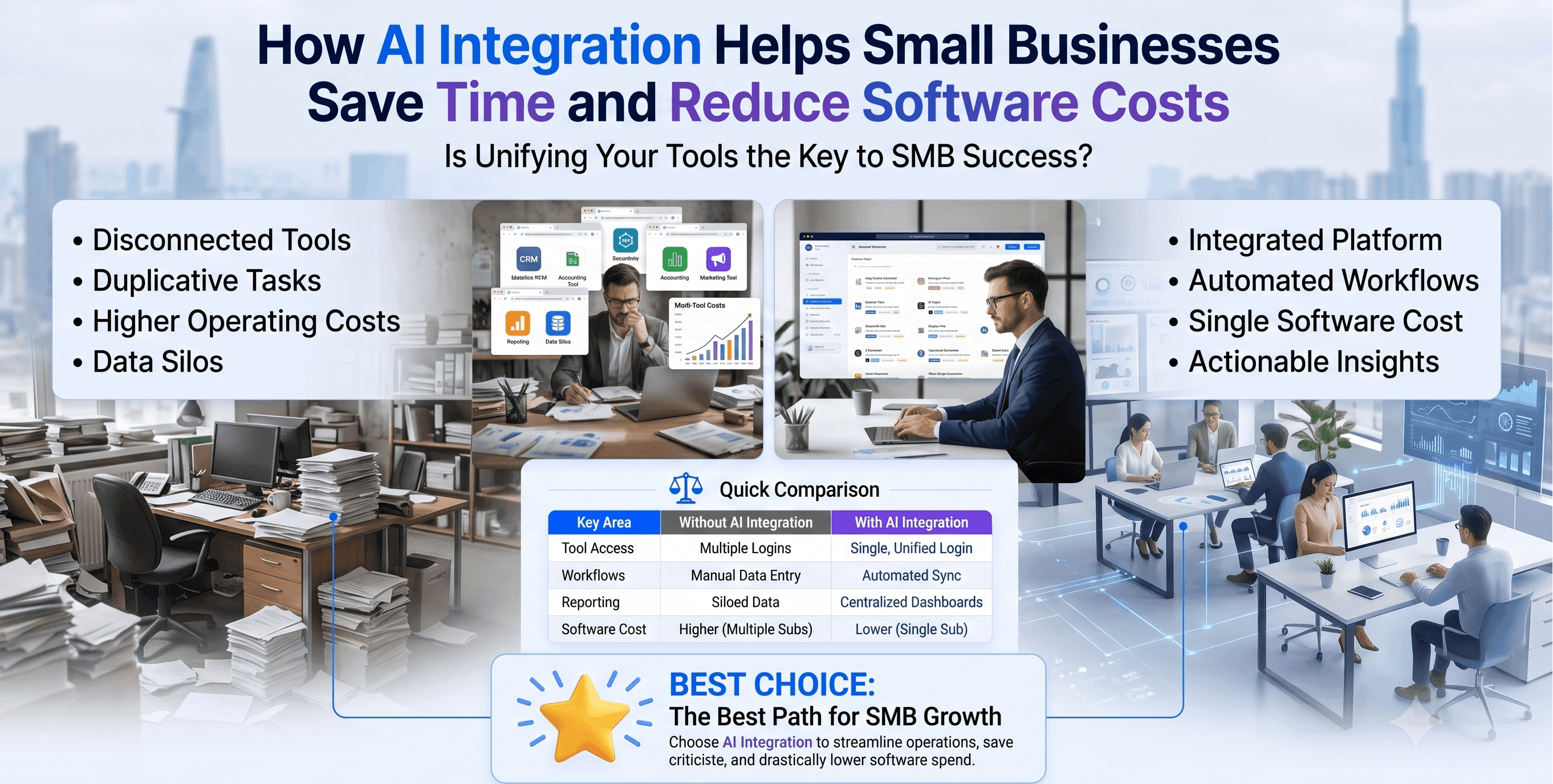 Diagram illustrating how AI integration saves time and reduces software costs for small businesses.