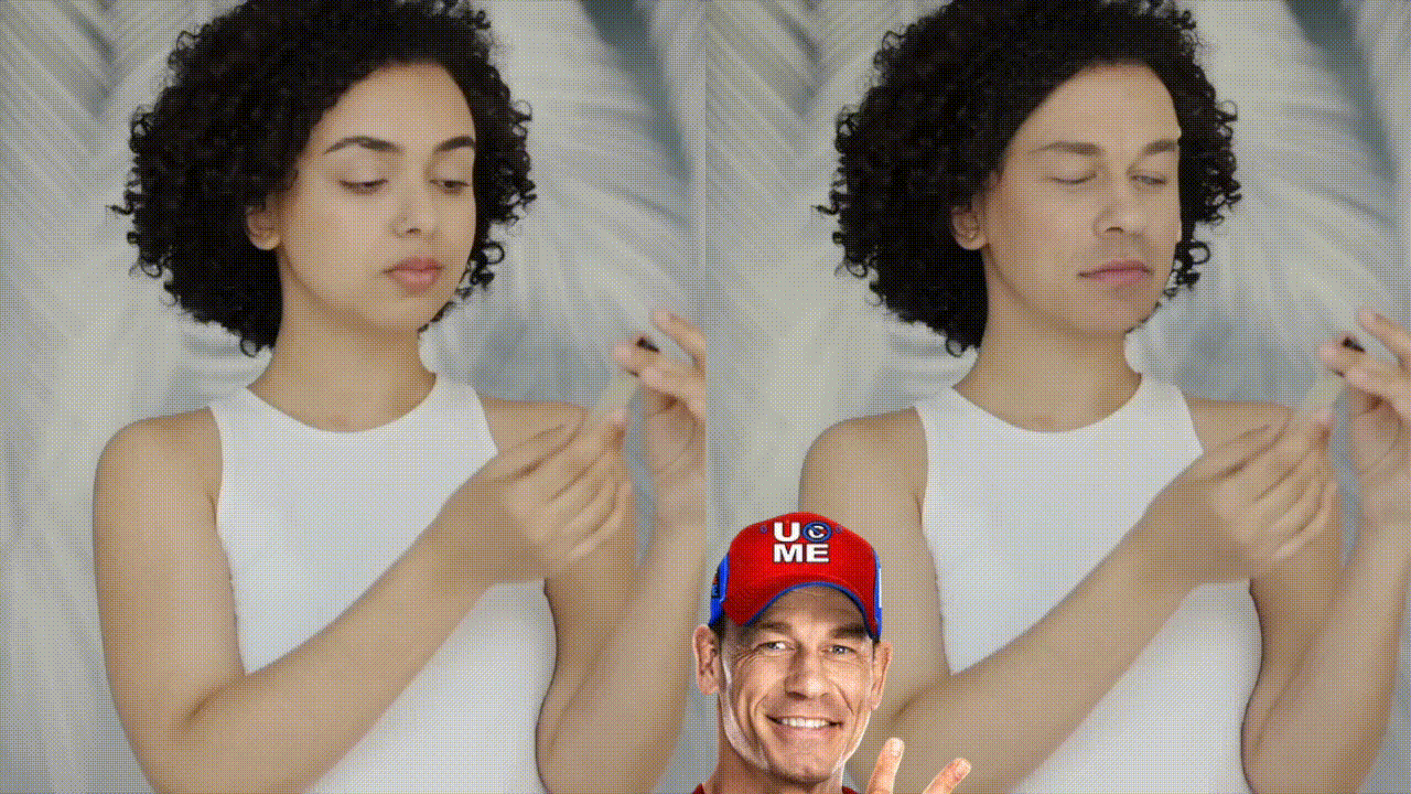 A woman's before and after meditation, humorously interrupted by a smiling John Cena meme.