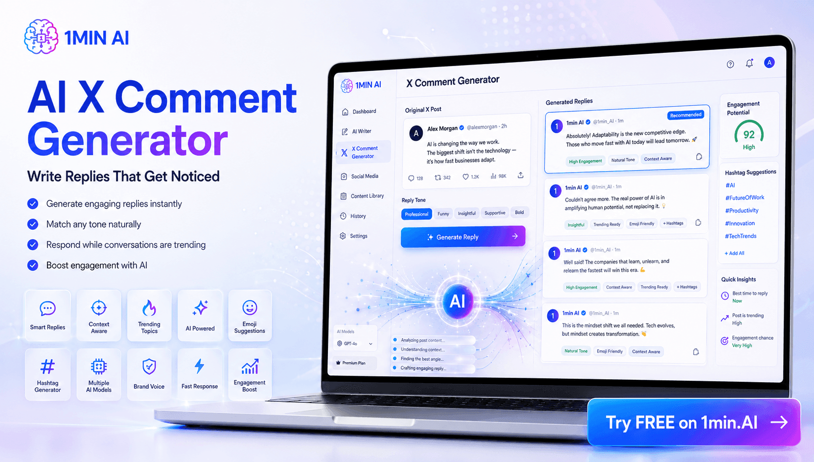 Laptop displaying 1MIN.AI's AI Comment Generator interface with listed features.