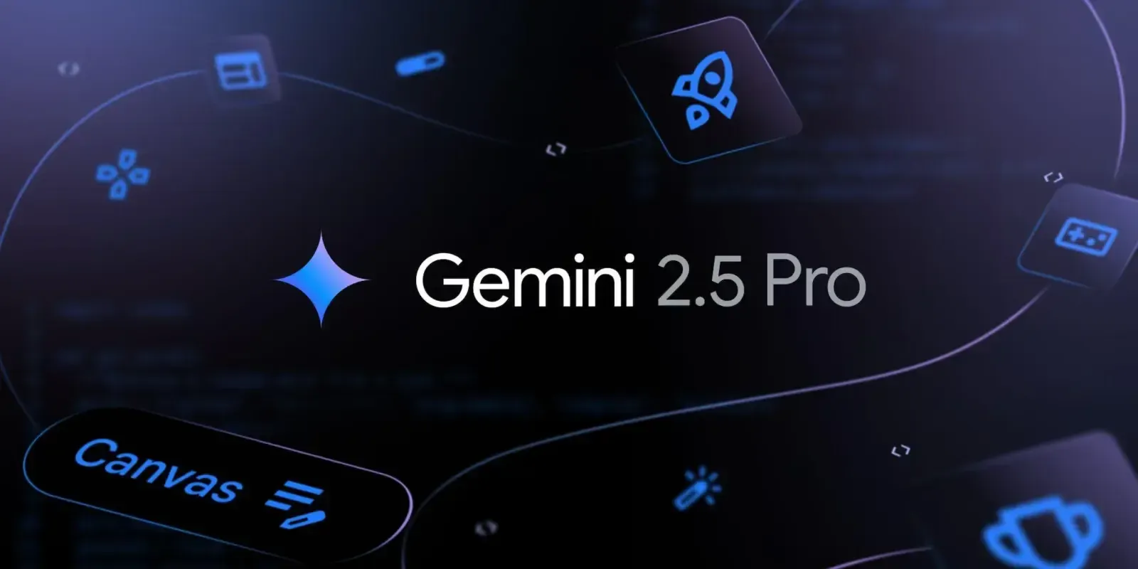 Gemini 2.5 Pro text, star logo, and Canvas button on a dark, tech-themed background.