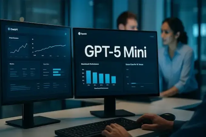 Two monitors displaying data dashboards and 'GPT-5 Mini' in a modern office.