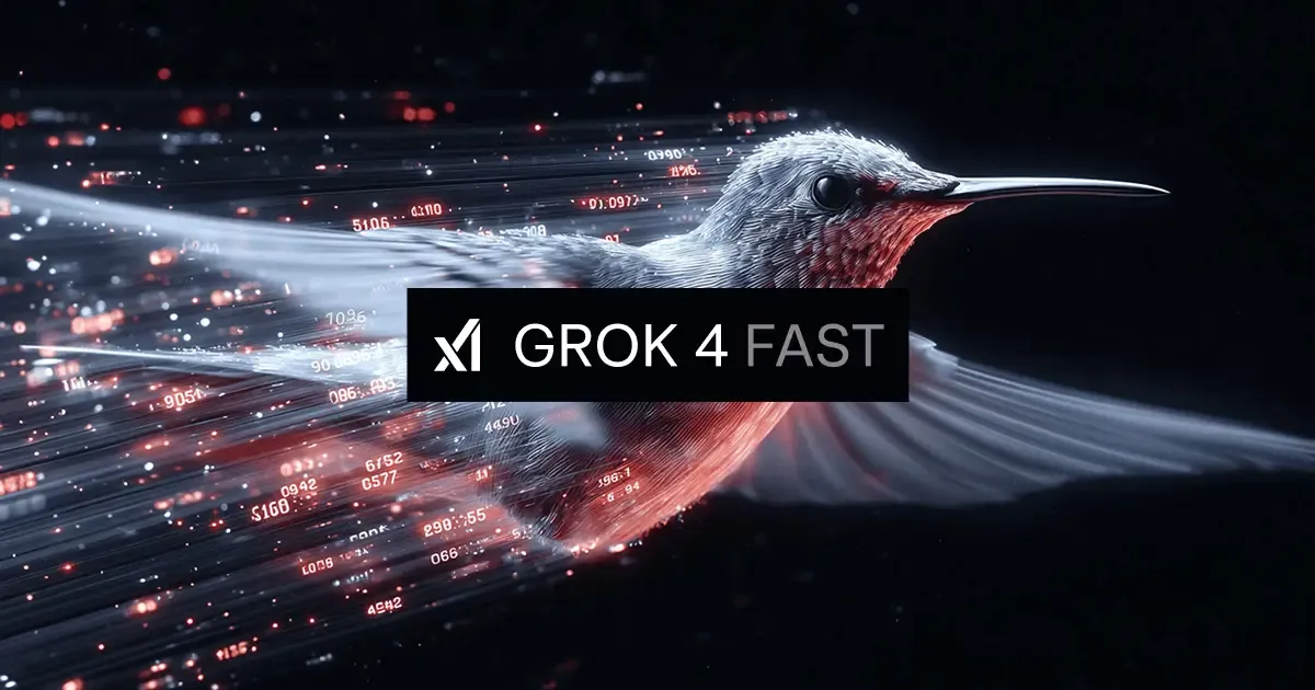 Stylized hummingbird with glowing data trail and 'GROK 4 FAST' logo on a dark background.