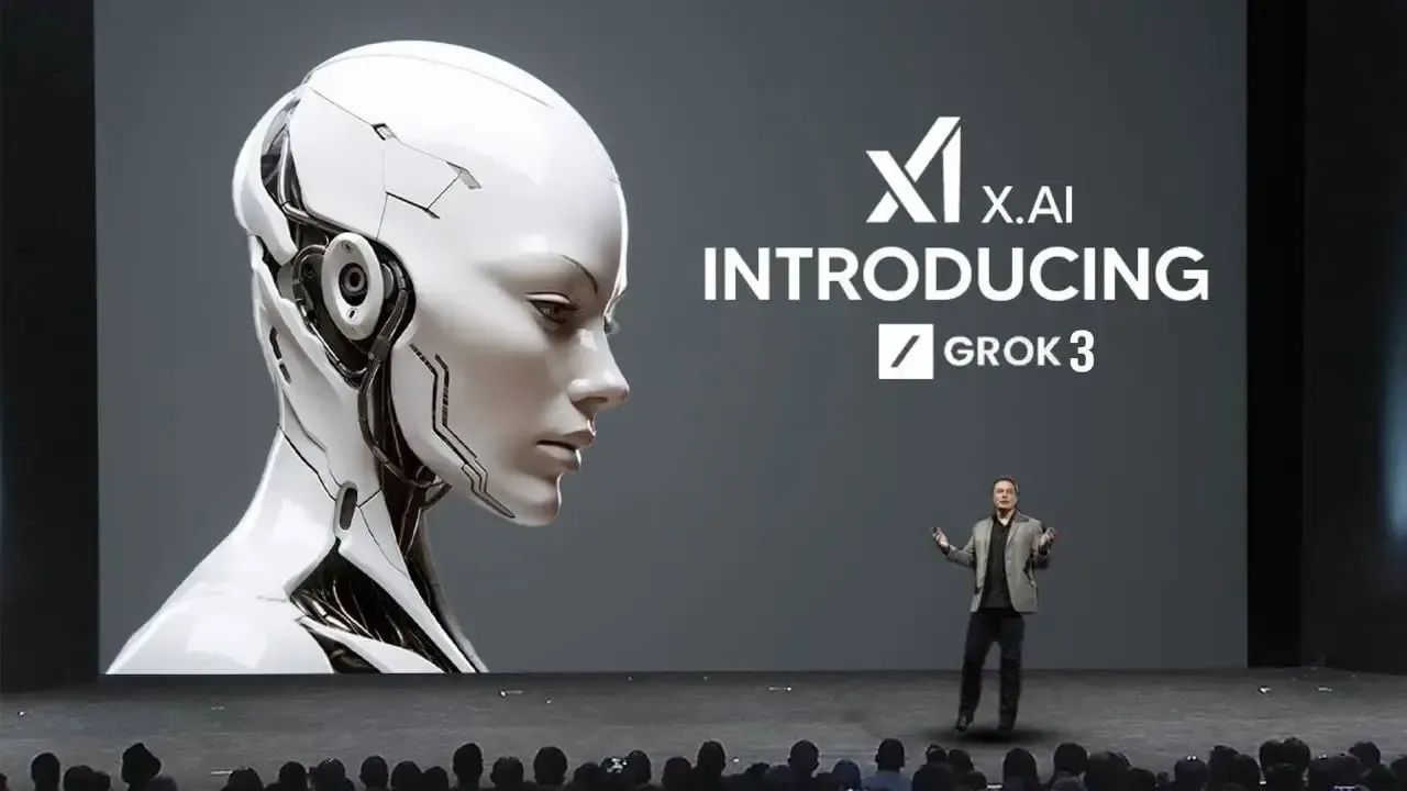 Futuristic robot head and 'X.AI INTRODUCING GROK 3' displayed on screen with a presenter.