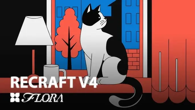 Black and white cat sitting on a windowsill looking at a stylized red outdoor scene.