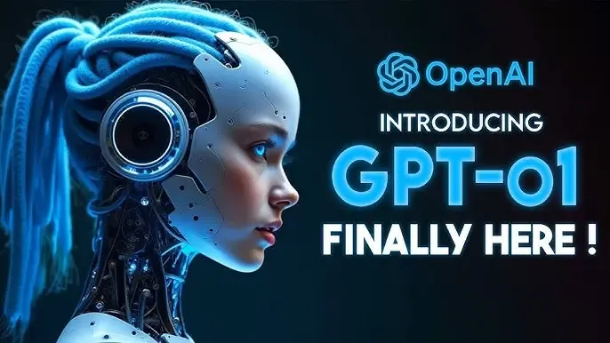 A futuristic female AI with blue glowing wires on her head, introducing OpenAI GPT-01.