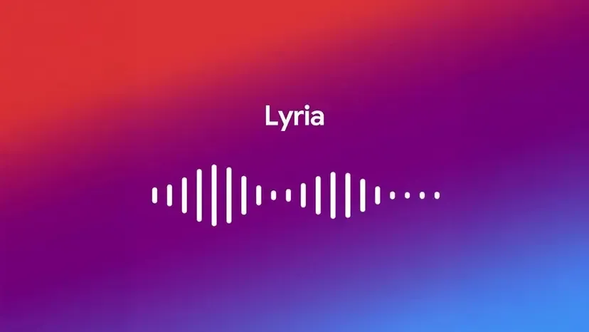 White text 'Lyria' above a white audio waveform on a red to blue gradient background.