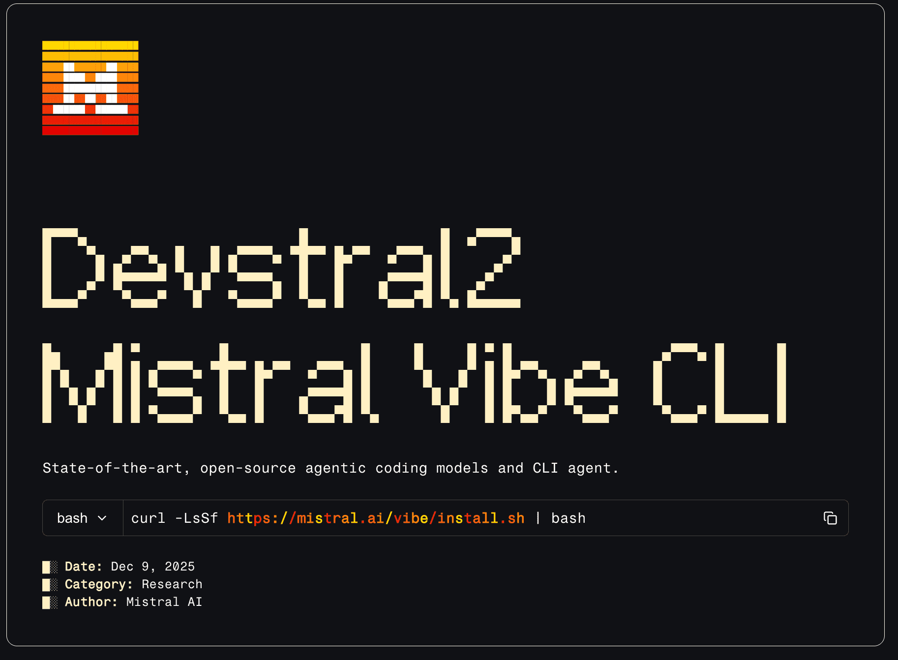 Devstral2 Mistral Vibe CLI graphic, announcing open-source agentic coding models and CLI agent.