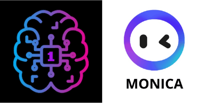 Stylized brain icon with circuit board chip and Monica AI assistant logo side-by-side.